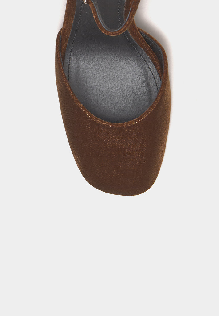 Close-up of ocre velvet toe box on the Bibi Lou Emily evening pump highlighting plush texture and rounded front.