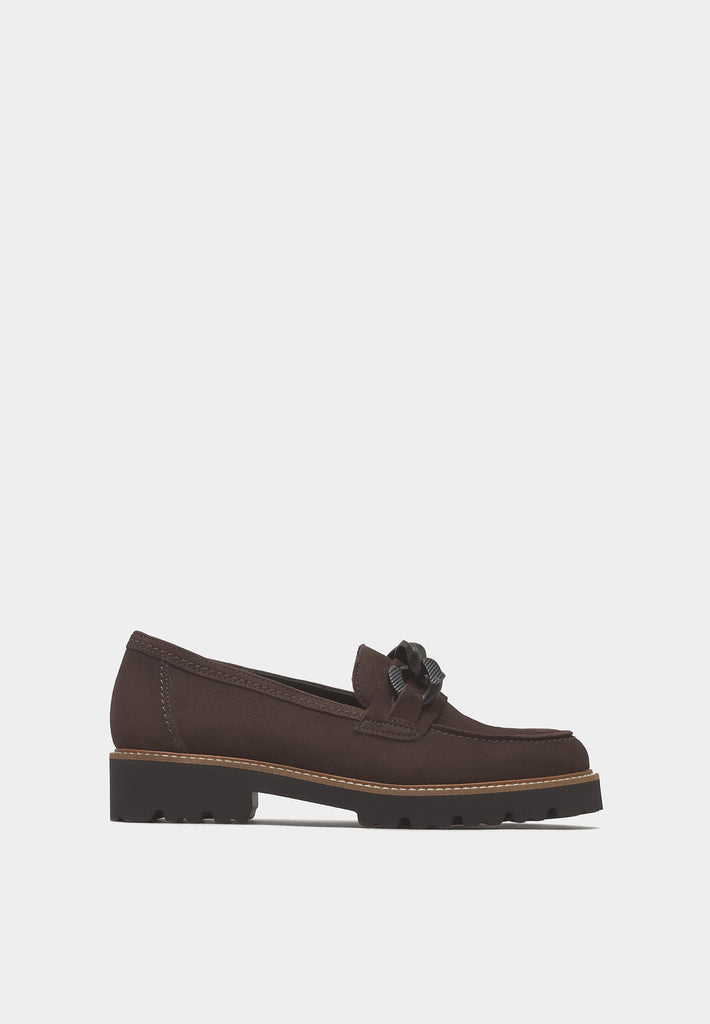 Side profile of Gabor Squeeze 95.240 Chocolate Suede women’s loafers with moccasin-inspired design.