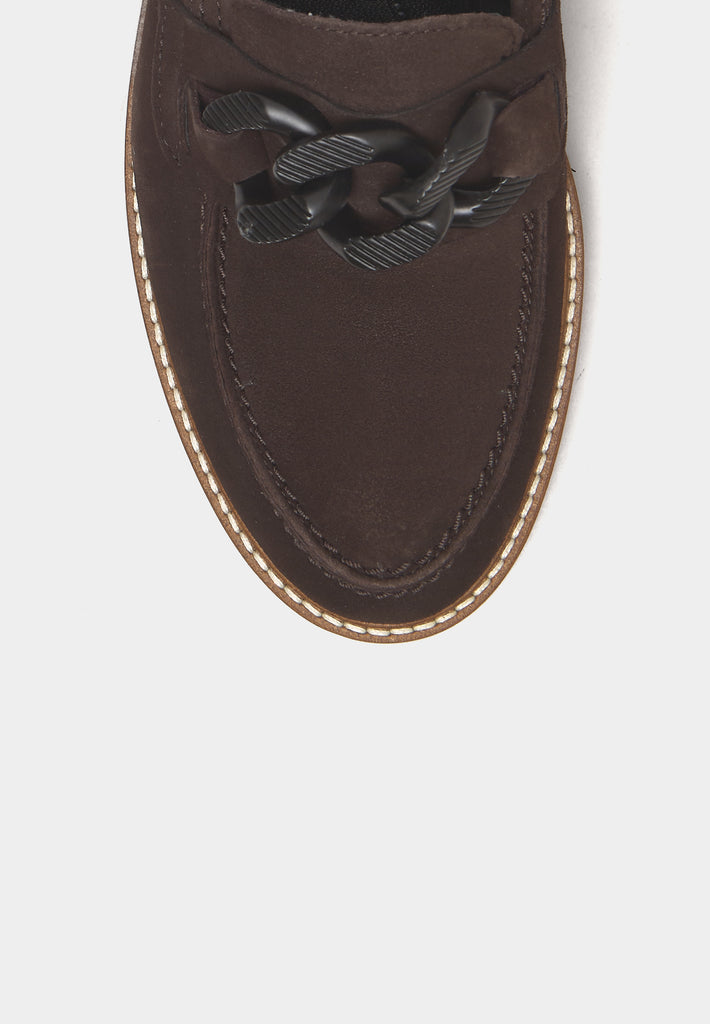 Front view of Gabor Squeeze 95.240 Chocolate Suede loafers highlighting suede texture and chain accent.