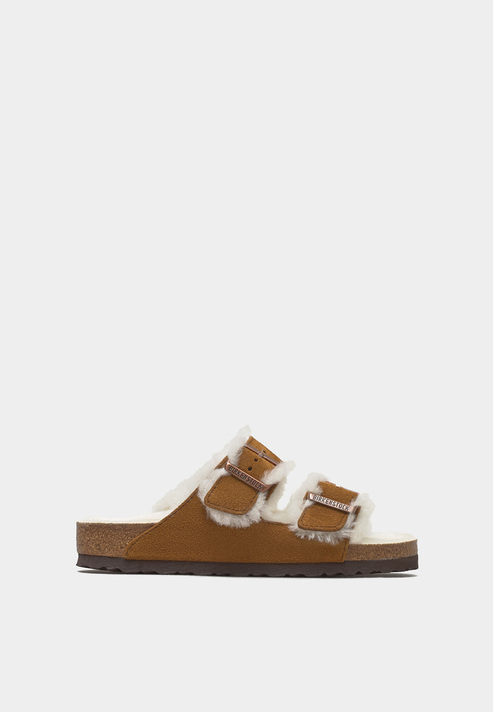 Side view of Birkenstock Arizona Mink Shearling sandals with EVA sole and brown suede finish.