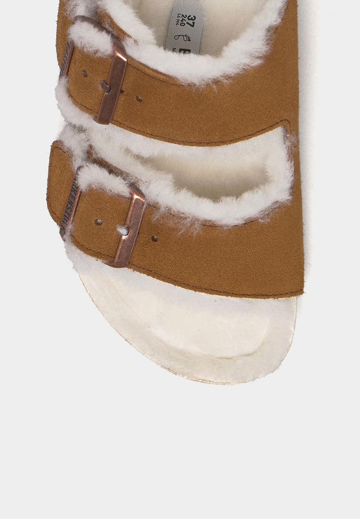 Close-up of Birkenstock Arizona Shearling Mink showing metal buckles and cosy shearling interior.
