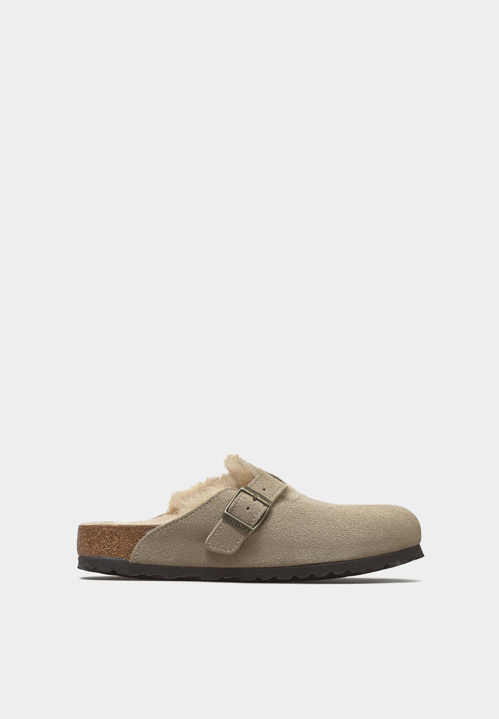 Side view of Birkenstock Boston Taupe clog with EVA sole and taupe suede finish.