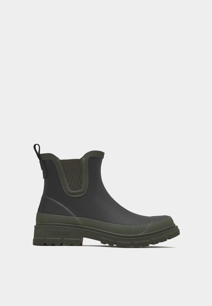 Side profile of Verbenas Lua Mate Combi 8097 Black/Khaki boot highlighting pull tab and contrasting colours.