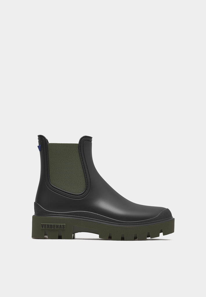 Side profile of Verbenas Mae Mate 20434 Black/Khaki boot highlighting textured sole and mid-ankle height.