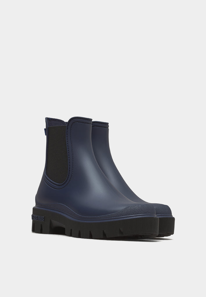 Verbenas Mae Mate 20434 Marine/Black rain boot with marine synthetic upper and black elastic side panels.