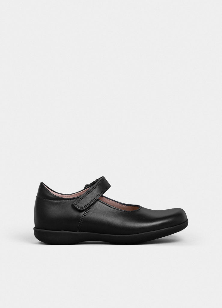 Petasil Bea Mary Jane Girl's School Shoe in Black Leather and Single Velcro Strap Available in Different Width.