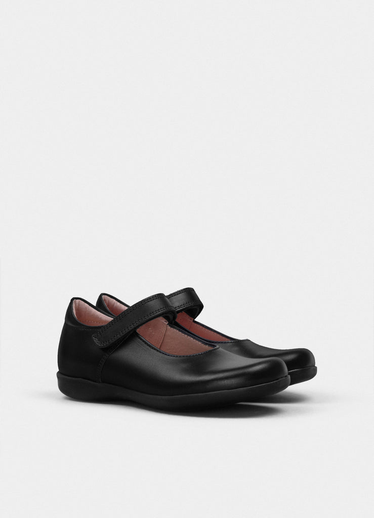 Petasil Bea Mary Jane Girl's School Shoe in Black Leather and Single Velcro Strap Available in Different Width.