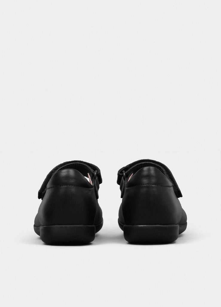 Petasil Bea Mary Jane Girl's School Shoe in Black Leather and Single Velcro Strap Available in Different Width.