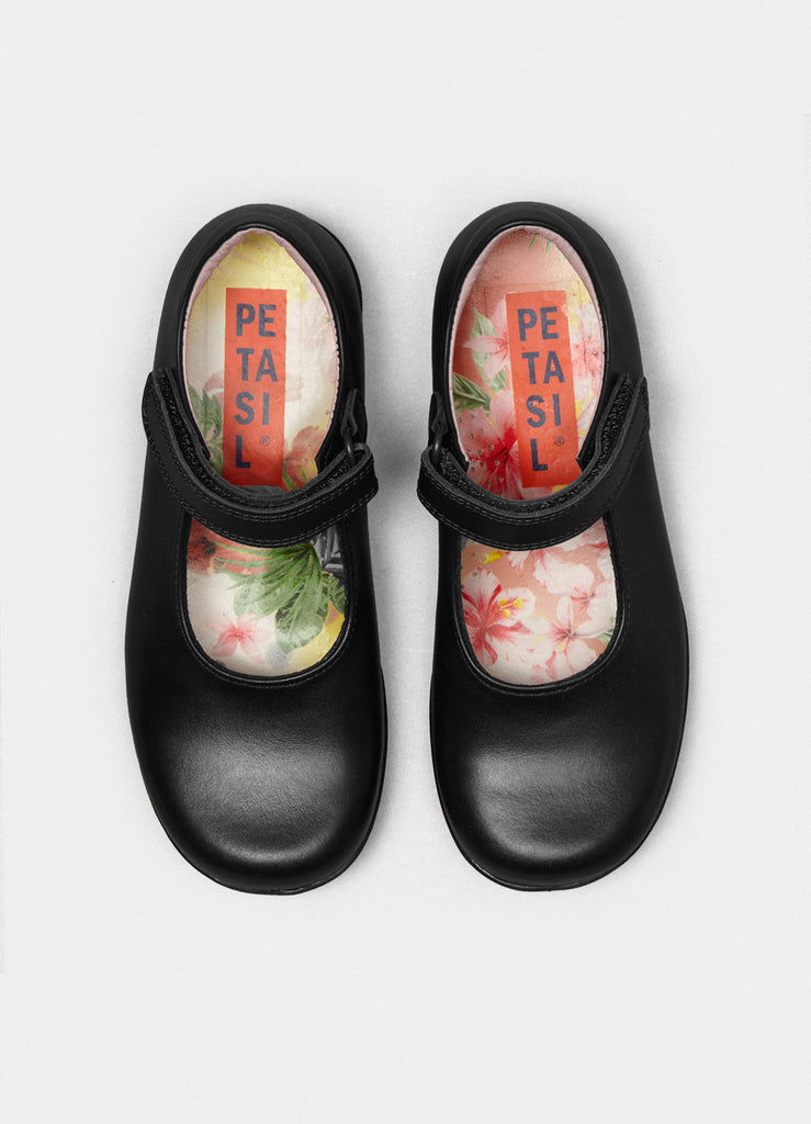 Petasil Bea Mary Jane Girl's School Shoe in Black Leather and Single Velcro Strap Available in Different Width.