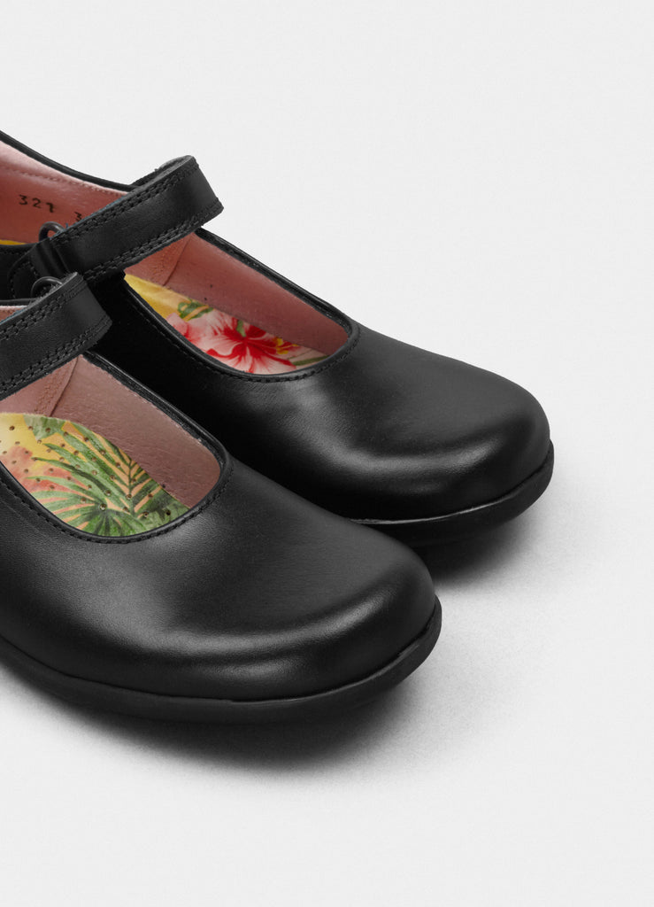 Petasil Bea Mary Jane Girl's School Shoe in Black Leather and Single Velcro Strap Available in Different Width.